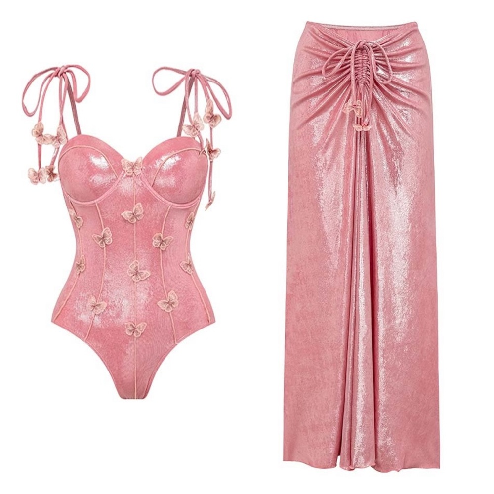 Elegant Pink One-Piece Swimsuit with Skirt